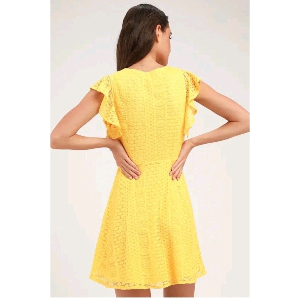Lulus Womens Athena yellow lace skater button down Mini Dress embroidery Size M - Picture 4 of 9